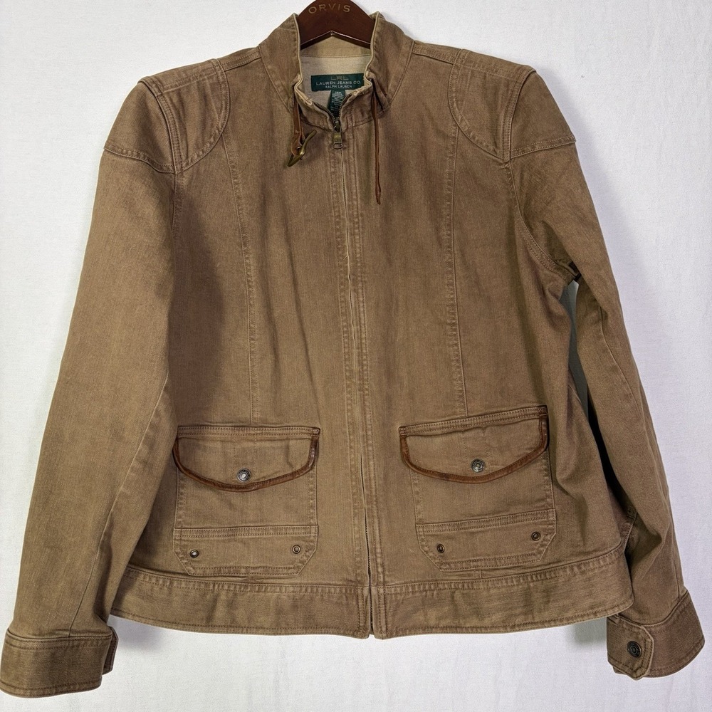 Lauren Ralph Lauren 16 W Brown Denim Stretch Full Zip Leather Trim Flight Jacket